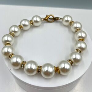 Vintage Faux Pearl Beaded Bracelet Gold Tone Rhinestone Spacers Classic Stretch